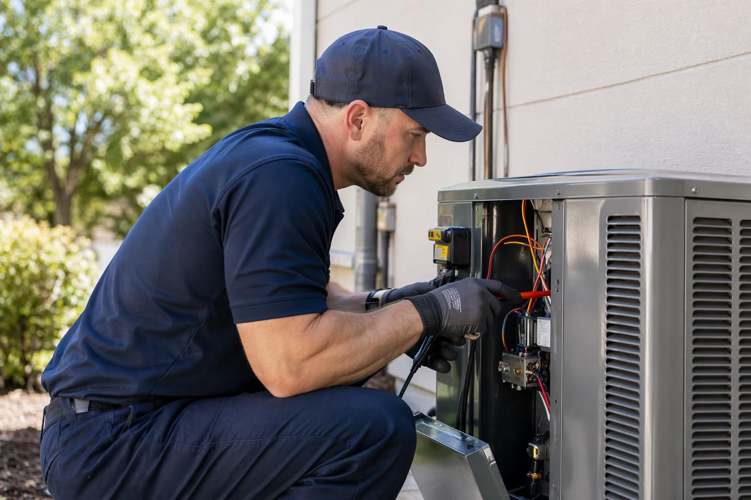HVAC technician checking refrigerant pressures on an outdoor AC unit beside a home in a North Texas subdivision.