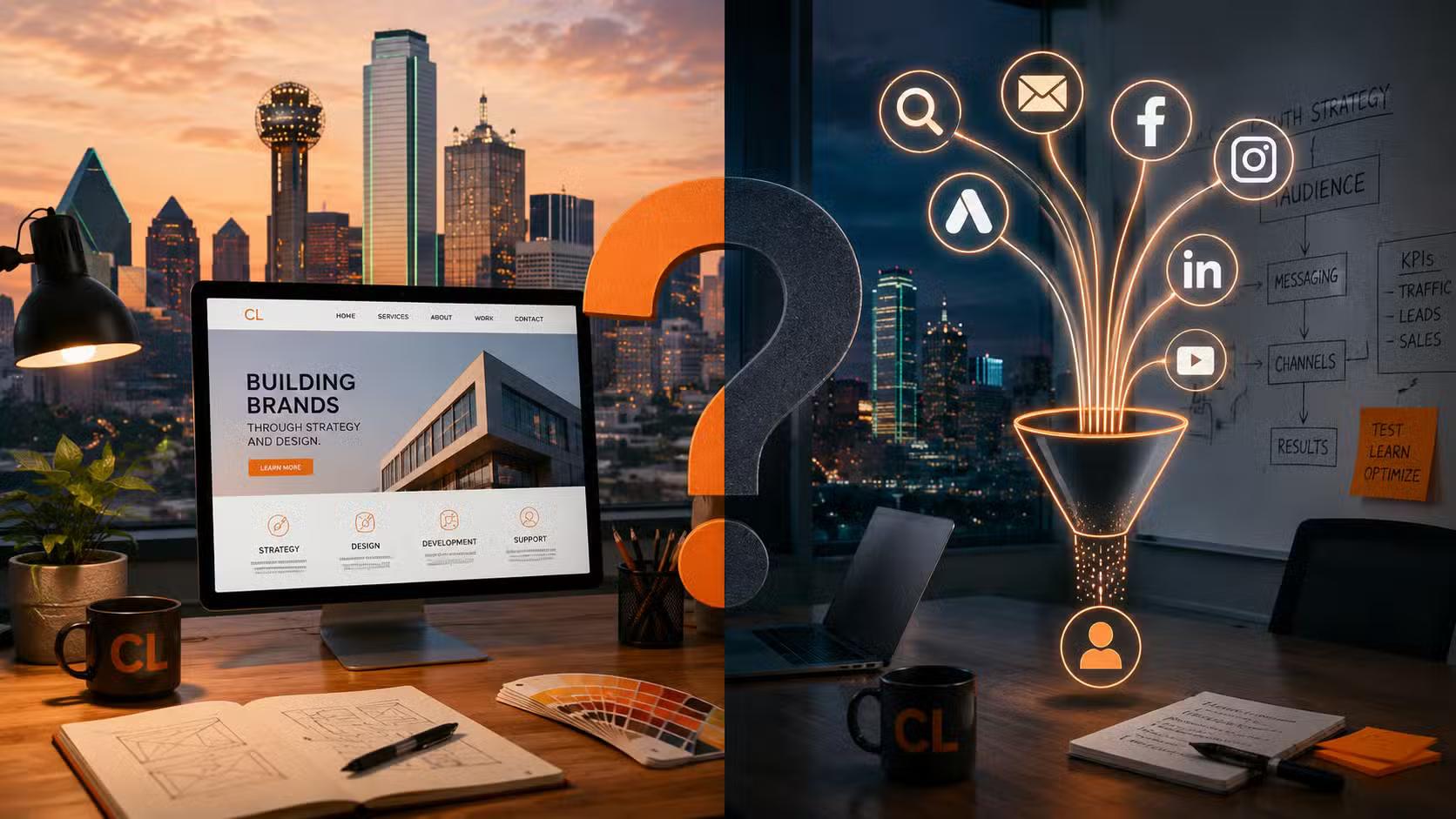 Split image comparing a Dallas web designer's build screen with a marketing agency's multi-channel campaign board