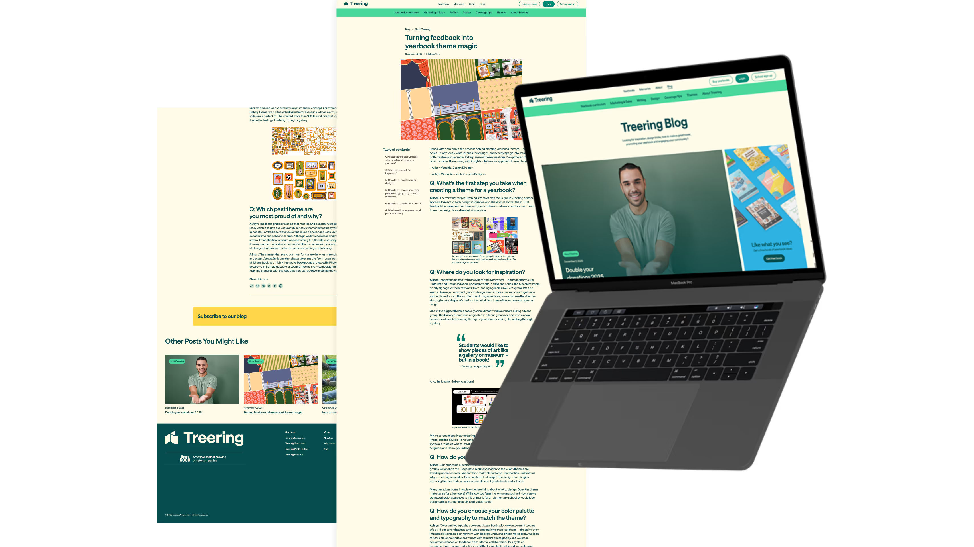 TreeRing blog collage on dark background showing article page for Turning feedback into yearbook theme magic with FAQ sections, MacBook displaying TreeRing Blog listing page with featured post and green-themed layout, and article detail with yearbook design patterns