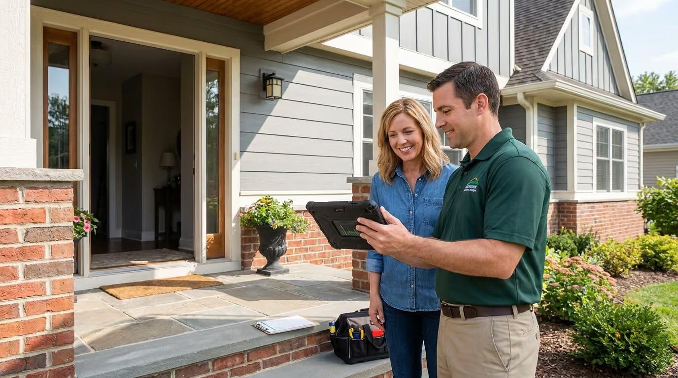 Pest control technician showing a smiling homeowner a service plan on a tablet at her front door after finishing the job.