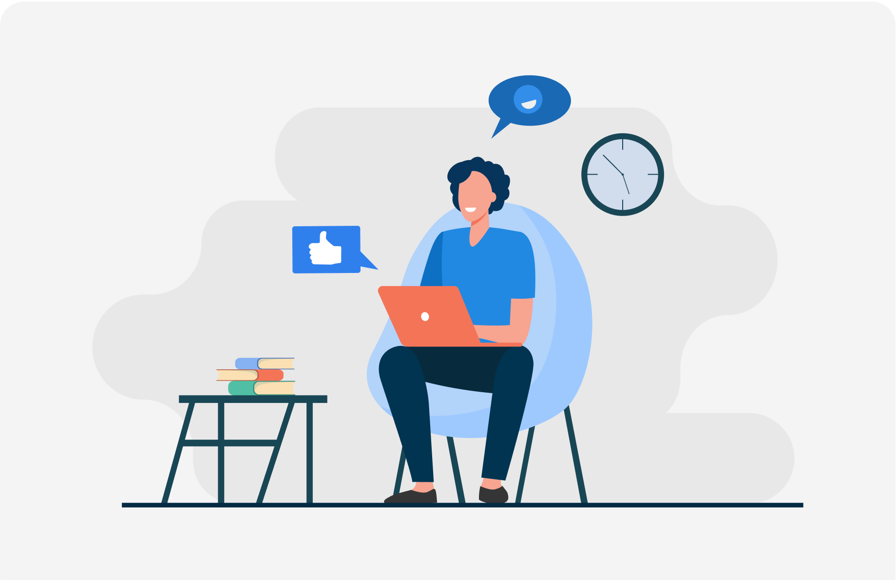 illustration of person with social chat, books, computer, and clock