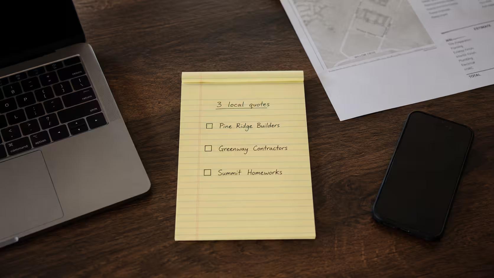 Notepad showing a three-name shortlist a local buyer would call for a quote