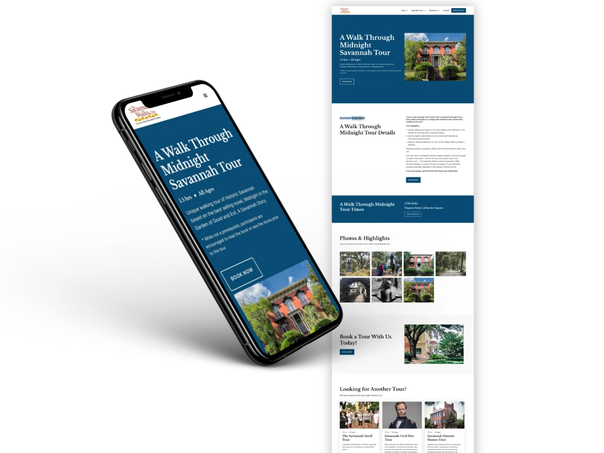 Phone and full-page mockups of the Savannah Walks A Walk Through Midnight Savannah Tour page with tour details, times, a photo gallery, and other tours