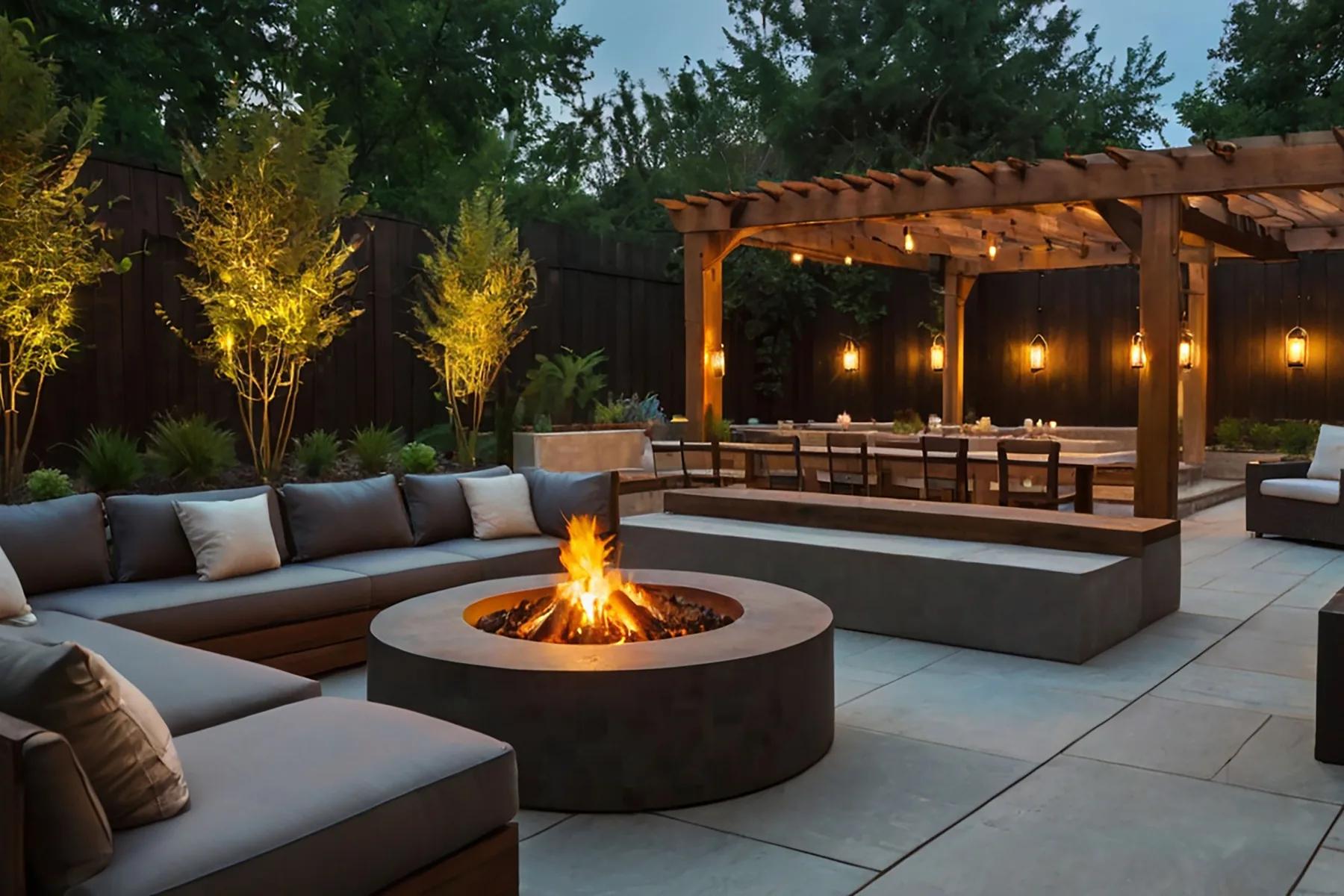 A finished backyard pergola and stone fire-pit patio glowing at dusk behind a home