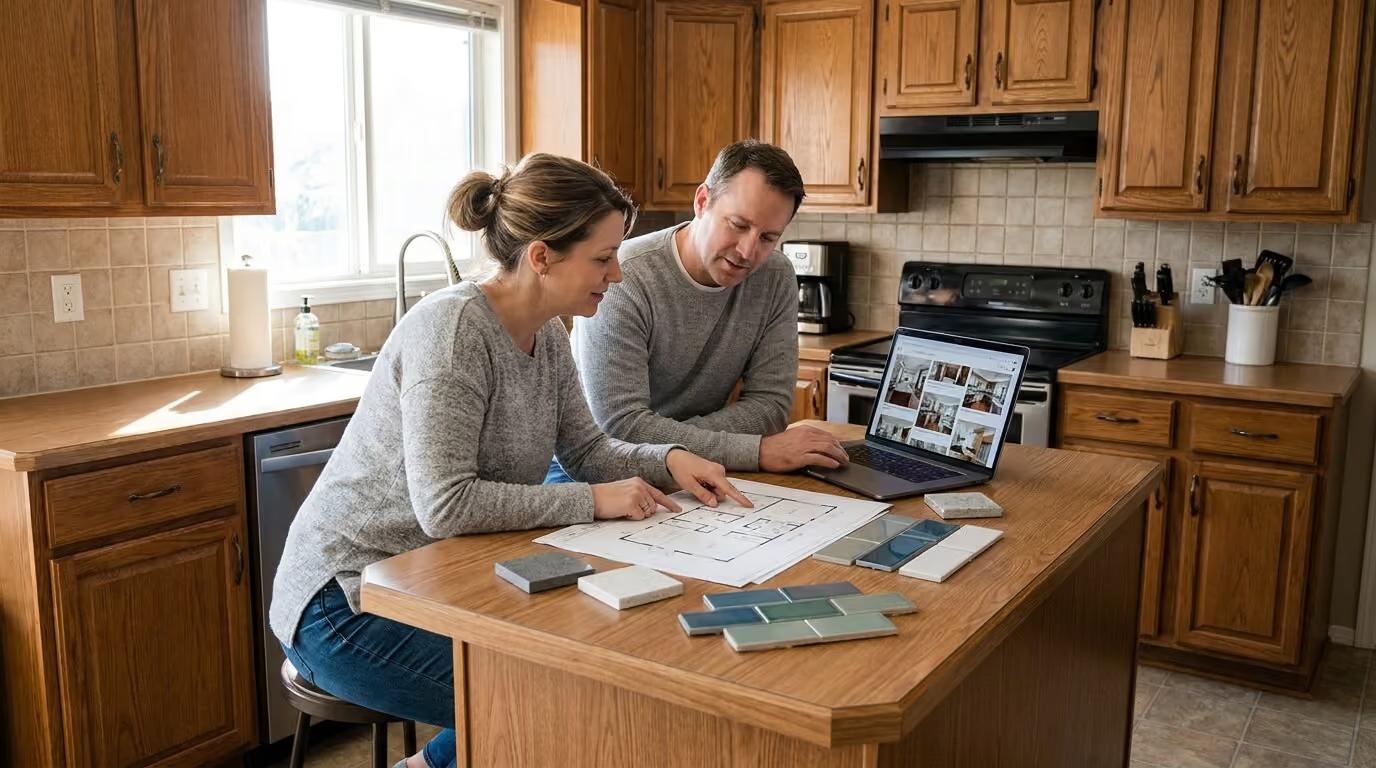 Couple at a kitchen island in a dated kitchen reviewing tile samples, a floor plan, and a contractor's project gallery while planning a remodel.