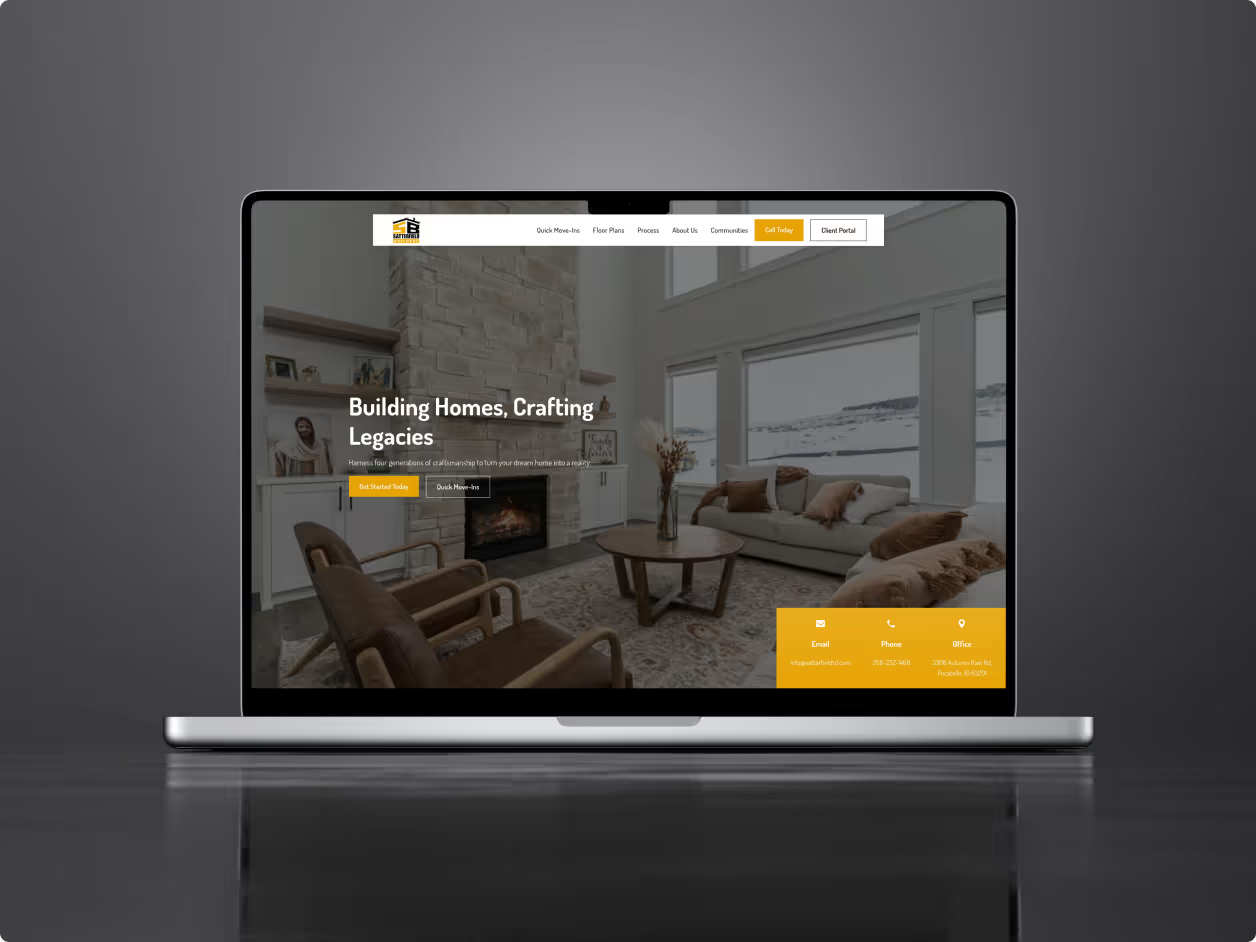 Satterfield Builders multi-page website overview showing homepage with Building Homes Crafting Legacies hero, Meeting Expectations section with team photos, property detail page with yellow info card, and Quick Move-Ins listings