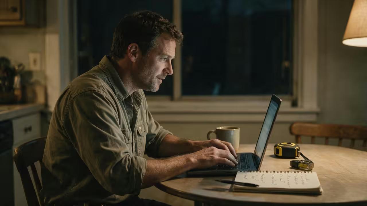 A contractor at his kitchen table in the evening, writing answers to customer questions on a laptop with a notebook beside him.