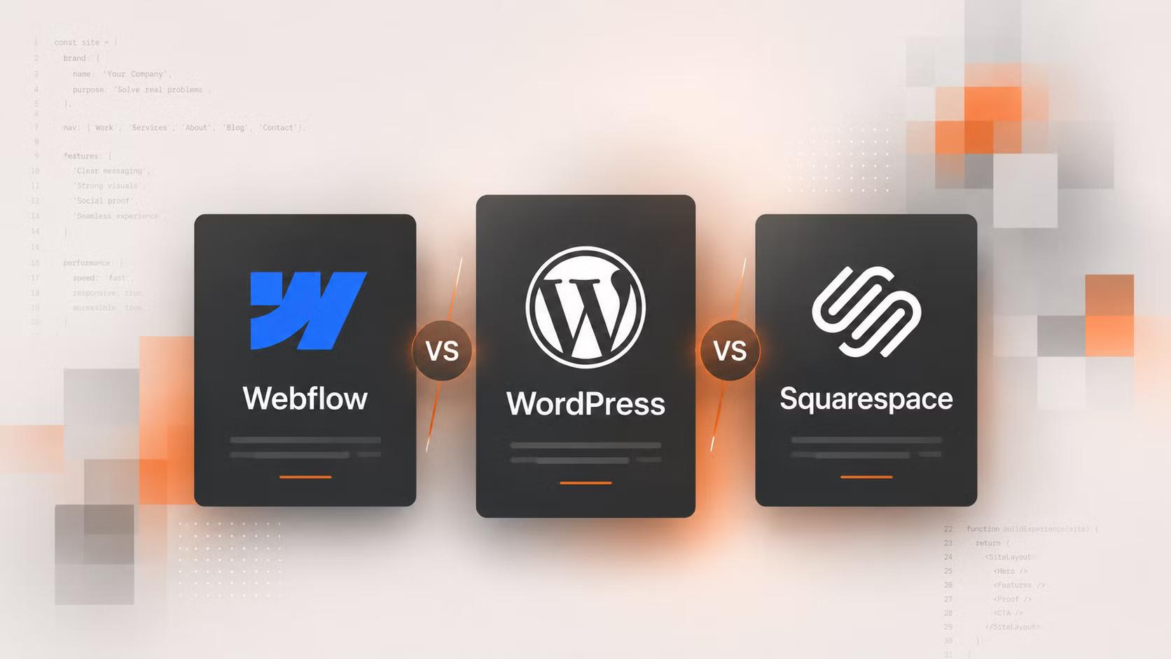 Comparison graphic showing the Webflow, WordPress, and Squarespace logos under the headline 'Which platform is right for your business?'