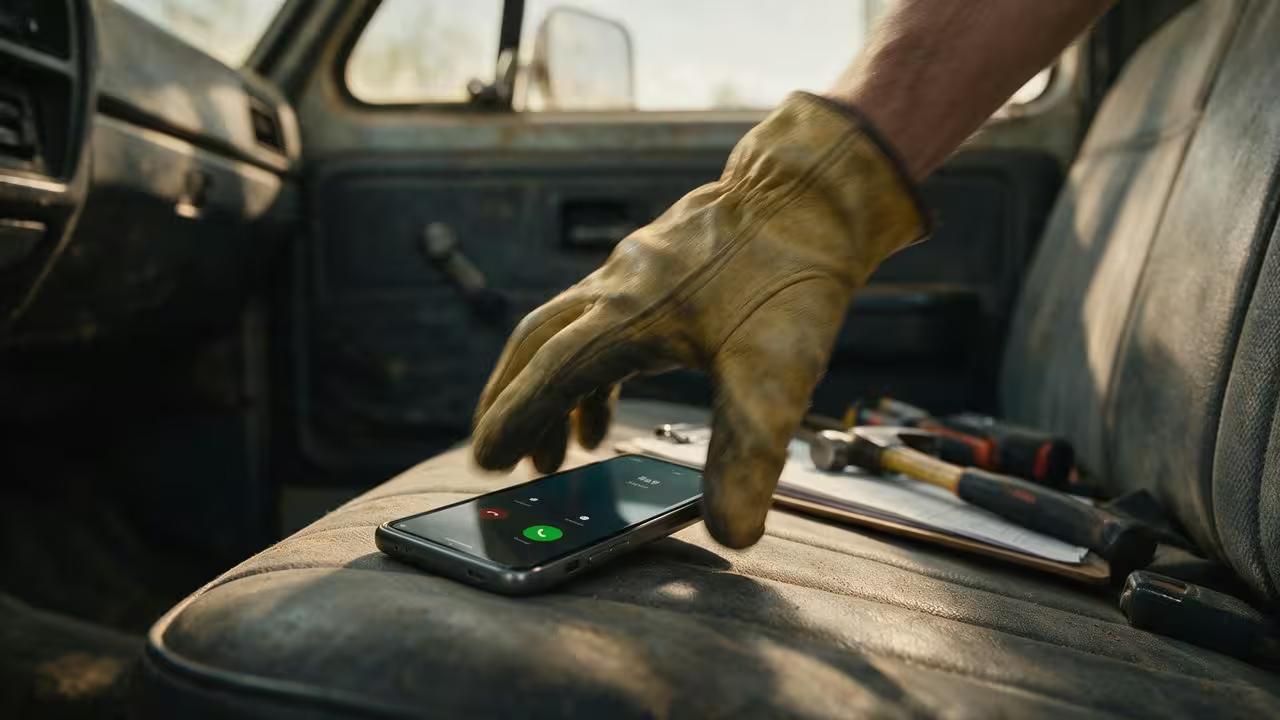 A work-gloved hand grabbing a ringing phone off the seat of a truck, showing the five-minute response window that decides whether a lead becomes a job.