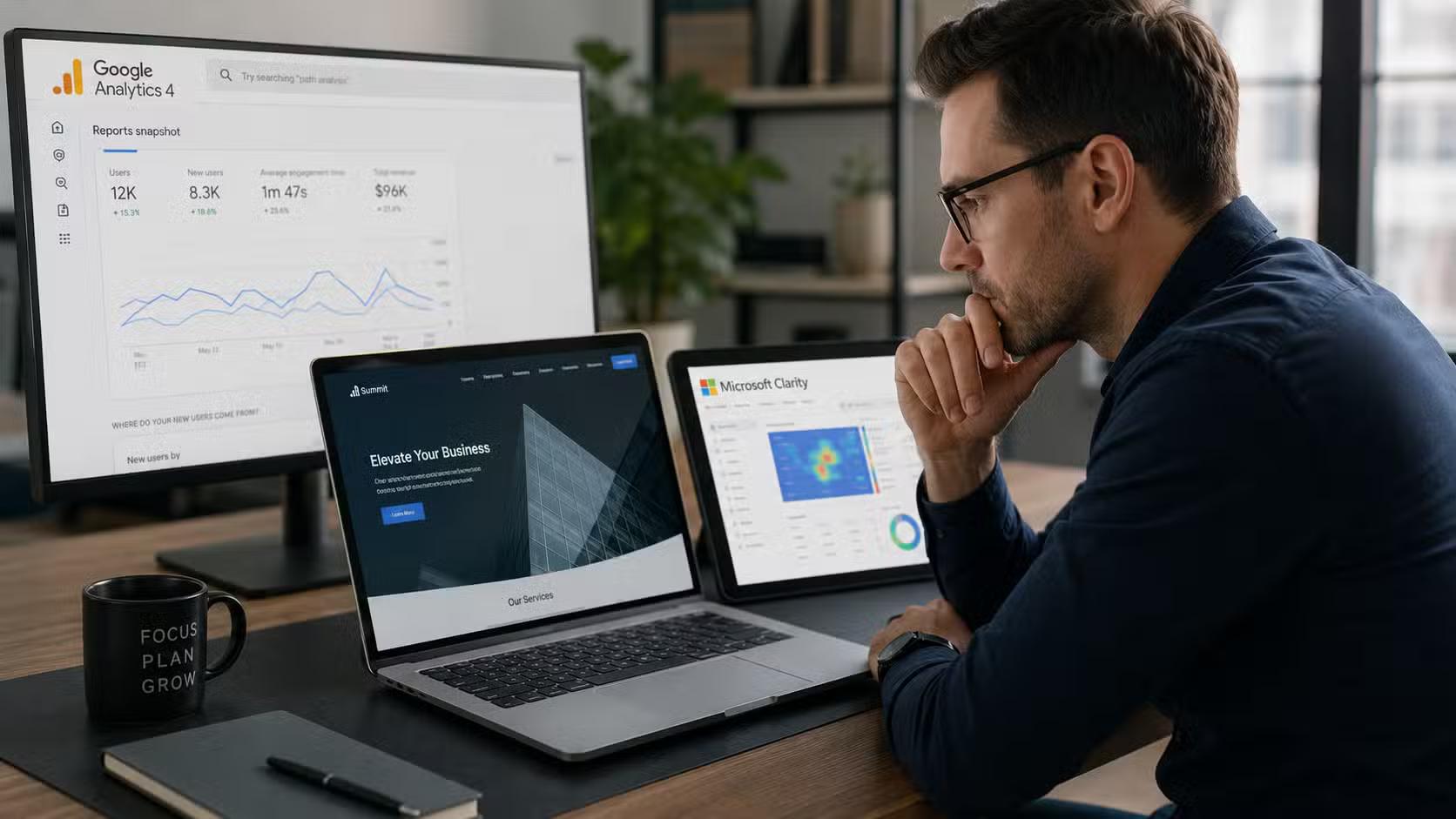 Man sitting at computer looking at analytics for his website using Google Analytics and Microsoft Clarity