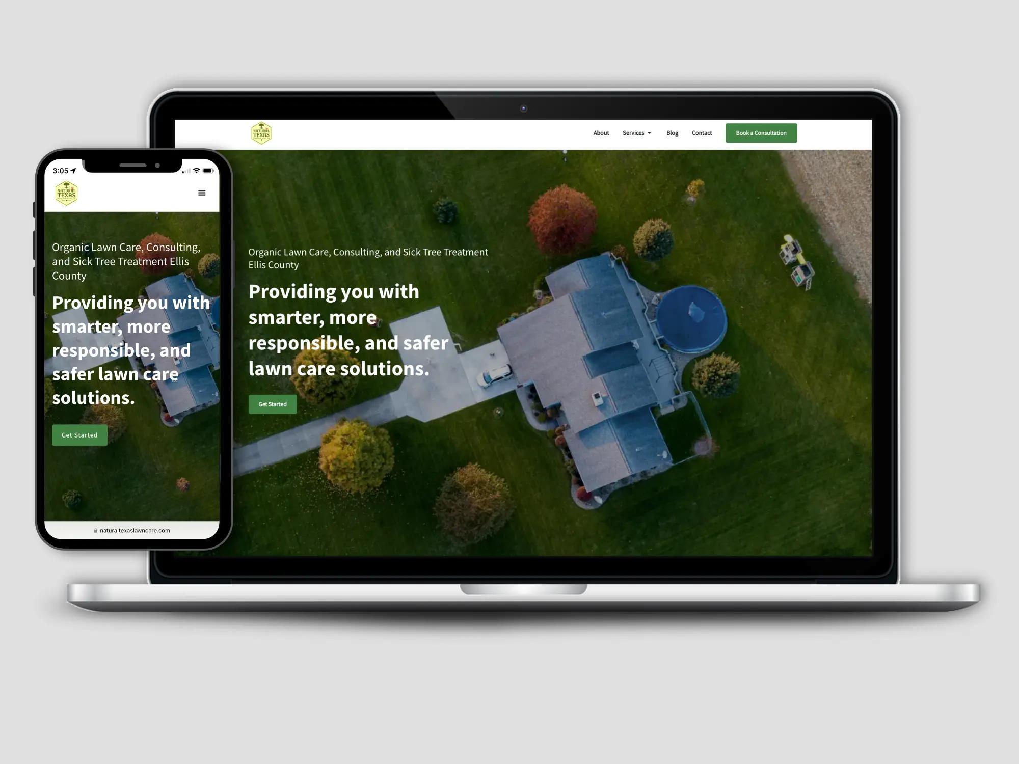 Laptop and phone mockups of the Natural Texas Lawn Care homepage hero, Providing you with smarter, more responsible, and safer lawn care solutions, over an aerial photo of a home and lawn