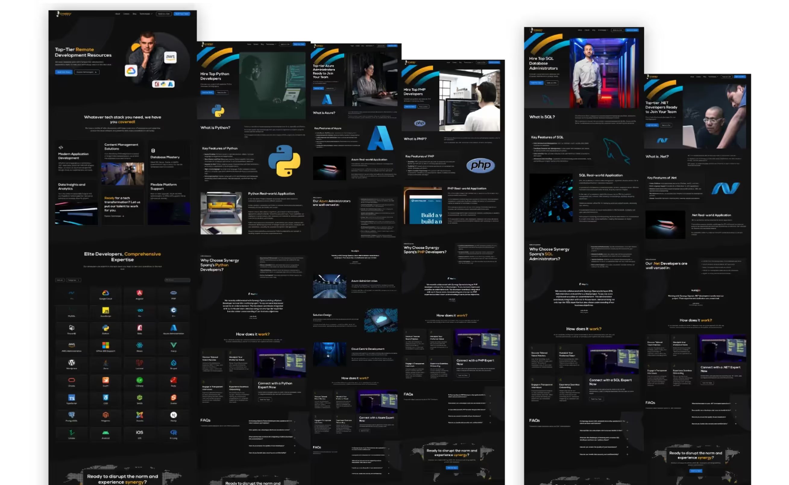 Synergy Sparq comprehensive website overview showing homepage, About page with We're An Agent of Synergy and team photos, technology pages for Python, PHP, and .NET, and mobile homepage view on dark-themed design
