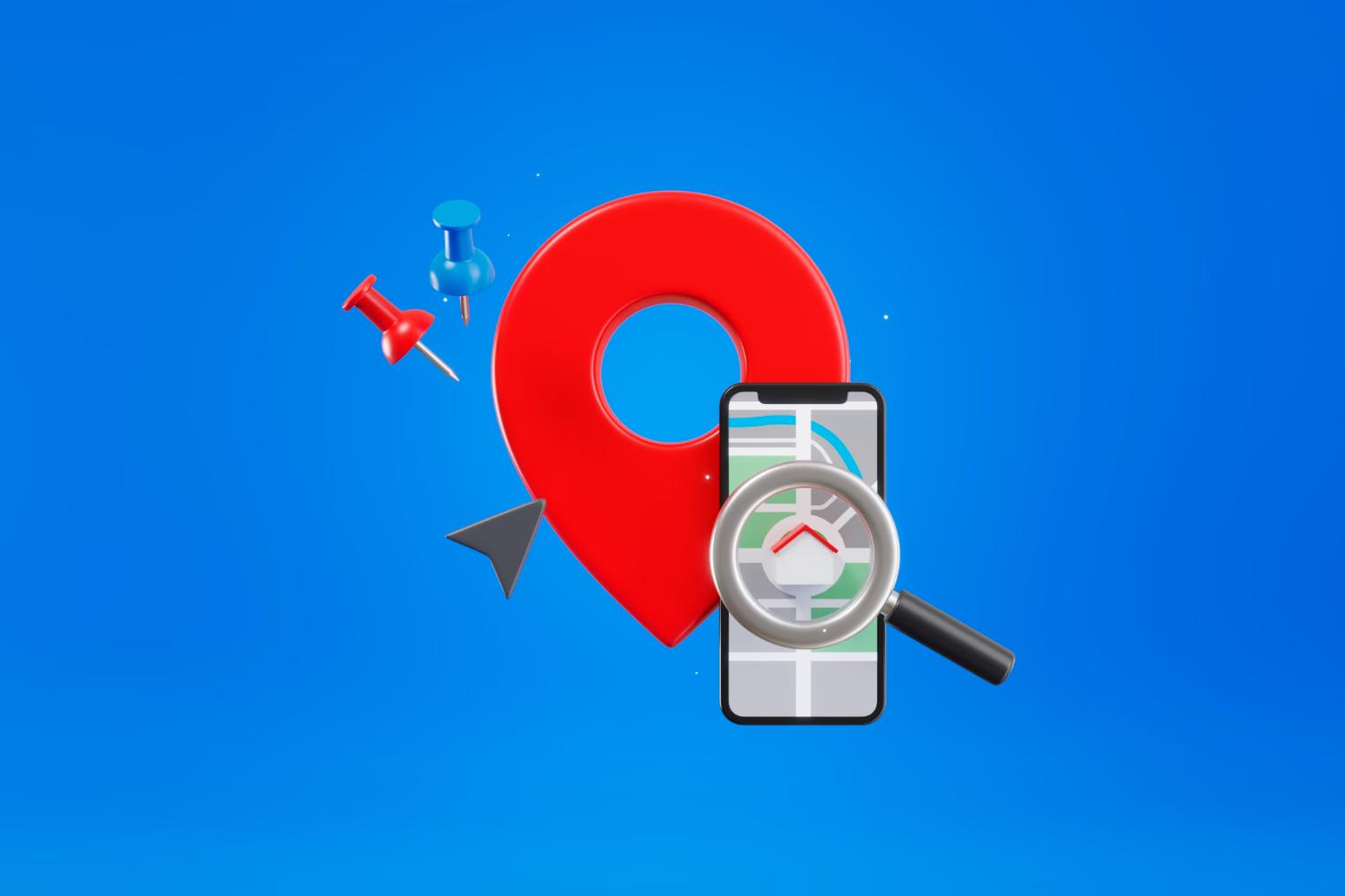 local search graphic with pins, mobile app, search icon