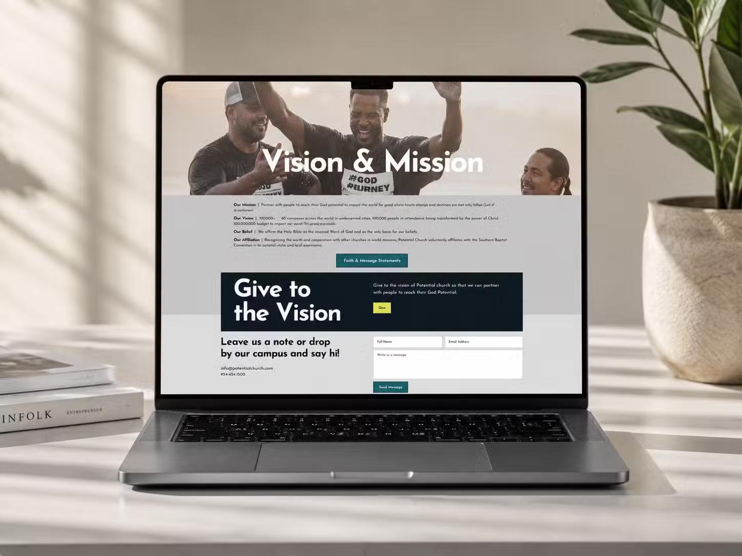Laptop showing the Potential Church Vision and Mission page beside a potted plant
