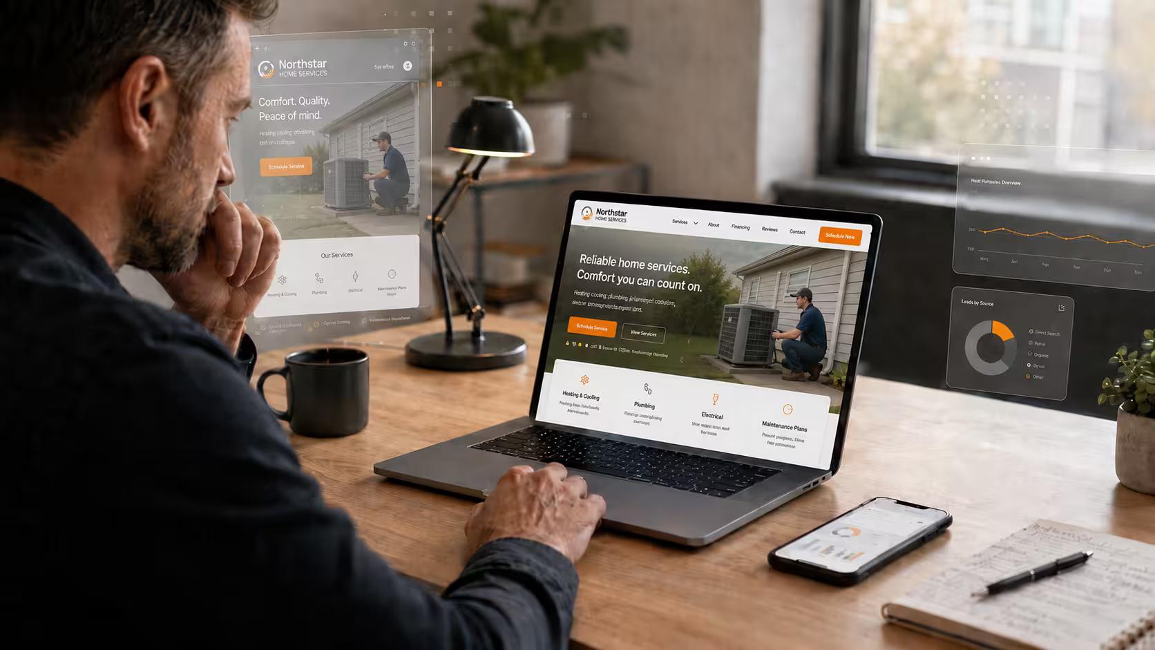A business owner reviewing a website with growth curves and charts around them that indicate it's time to hire a web design agency
