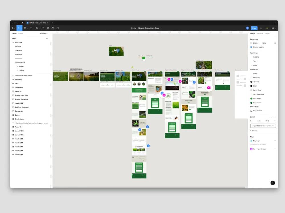 Figma file for the Natural Texas Lawn Care website showing page designs, header options, color styles, and collaborator comments