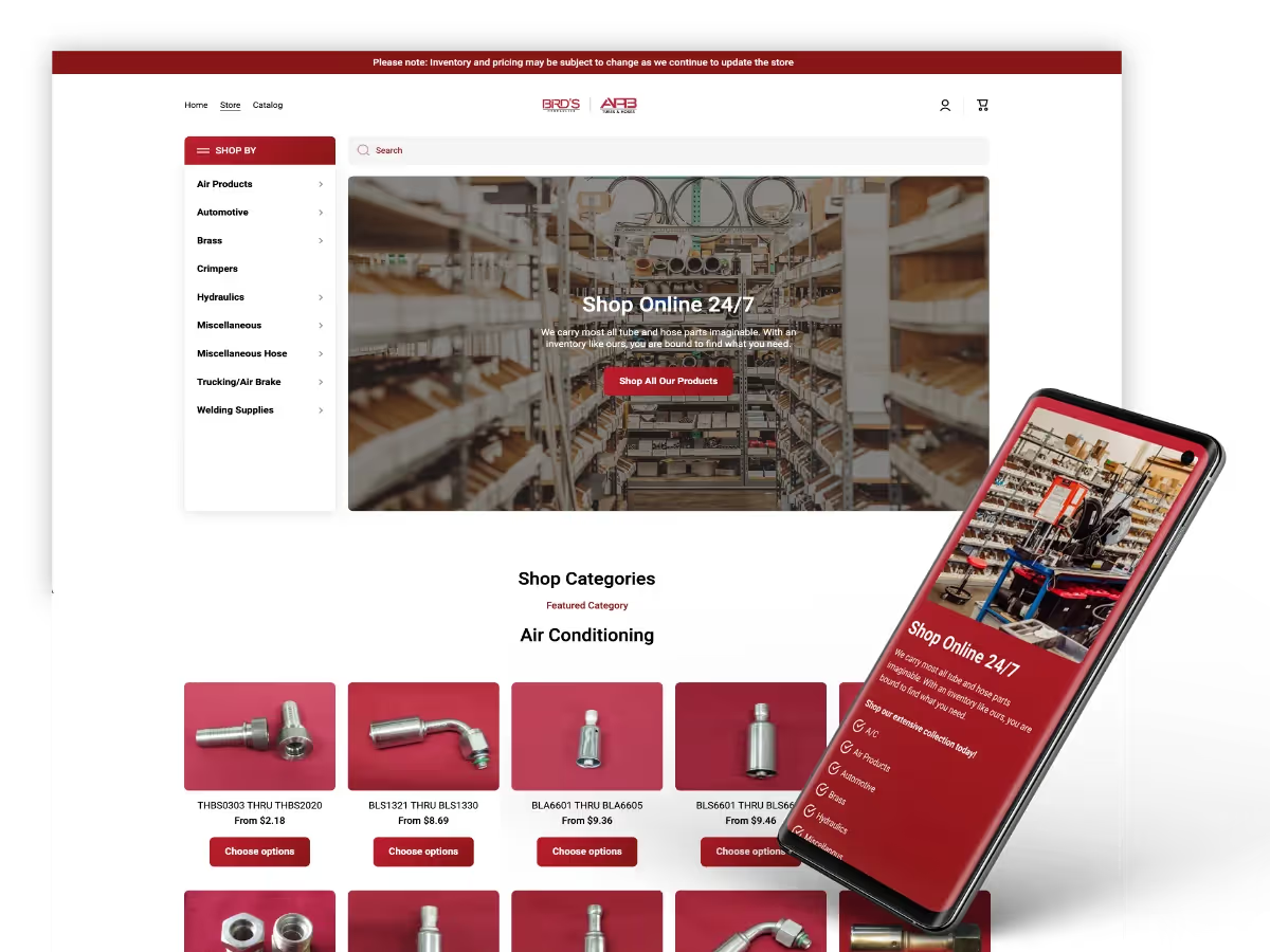 Desktop and phone mockups of the Fluid Line Solutions Shopify store with Shop Online 24/7, shop-by categories, and air conditioning fittings