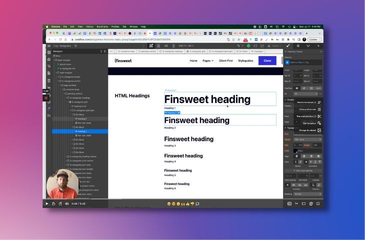 Webflow screen of fonts and style guide