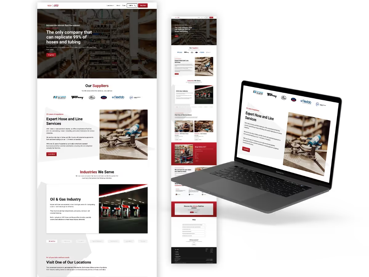 Full-page and laptop mockups of the Fluid Line Solutions homepage with the hero The only company that can replicate 99% of hoses and tubing, supplier logos, Expert Hose and Line Services, and Industries We Serve