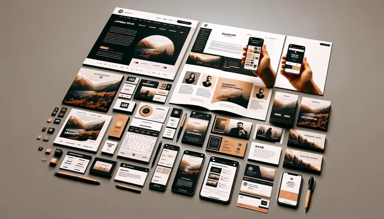 consistent brand identity across multiple touchpoints social media, business cards, website.