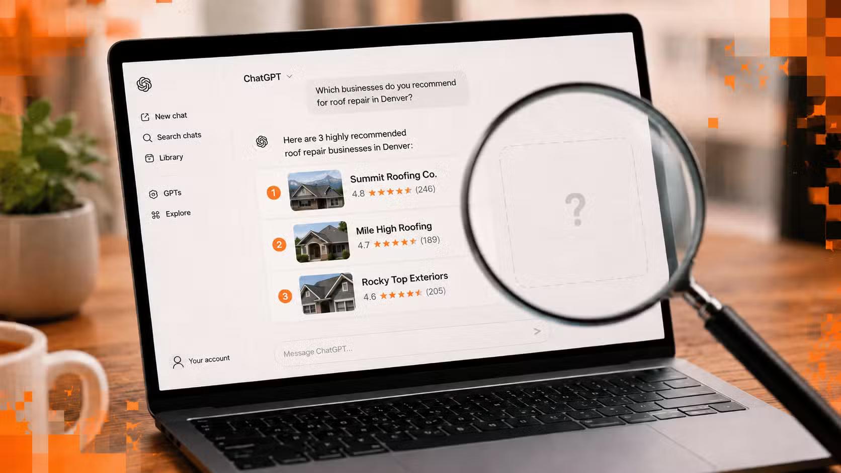 A laptop showing a chat-style AI answer that lists three competitor businesses, with the viewer's own business circled in red off to the side, left out of the response. A magnifying glass hovers over the gap.