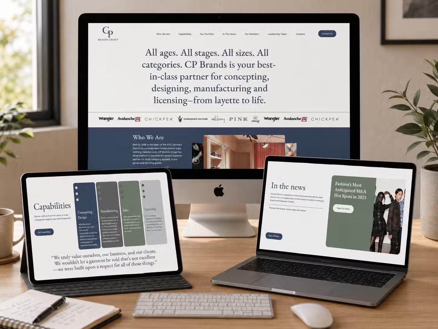 Multi-device mockup showing the CP Brands Group website across an iMac, a tablet, and a laptop, displaying the homepage and interior pages of the site CL Creative designed.