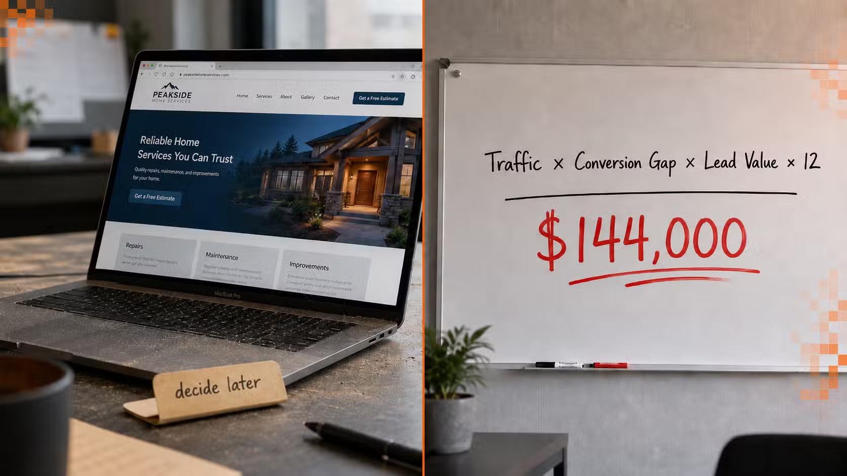 A split-screen: on the left, a business owner's hand hovering over a "decide later" folder collecting dust; on the right, a simple whiteboard equation (Traffic × Conversion Gap × Lead Value × 12) with a large red total.