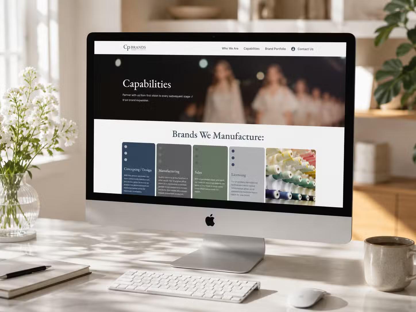 iMac on a bright white desk displaying the CP Brands Group website Capabilities page with a "Brands We Manufacture" section.