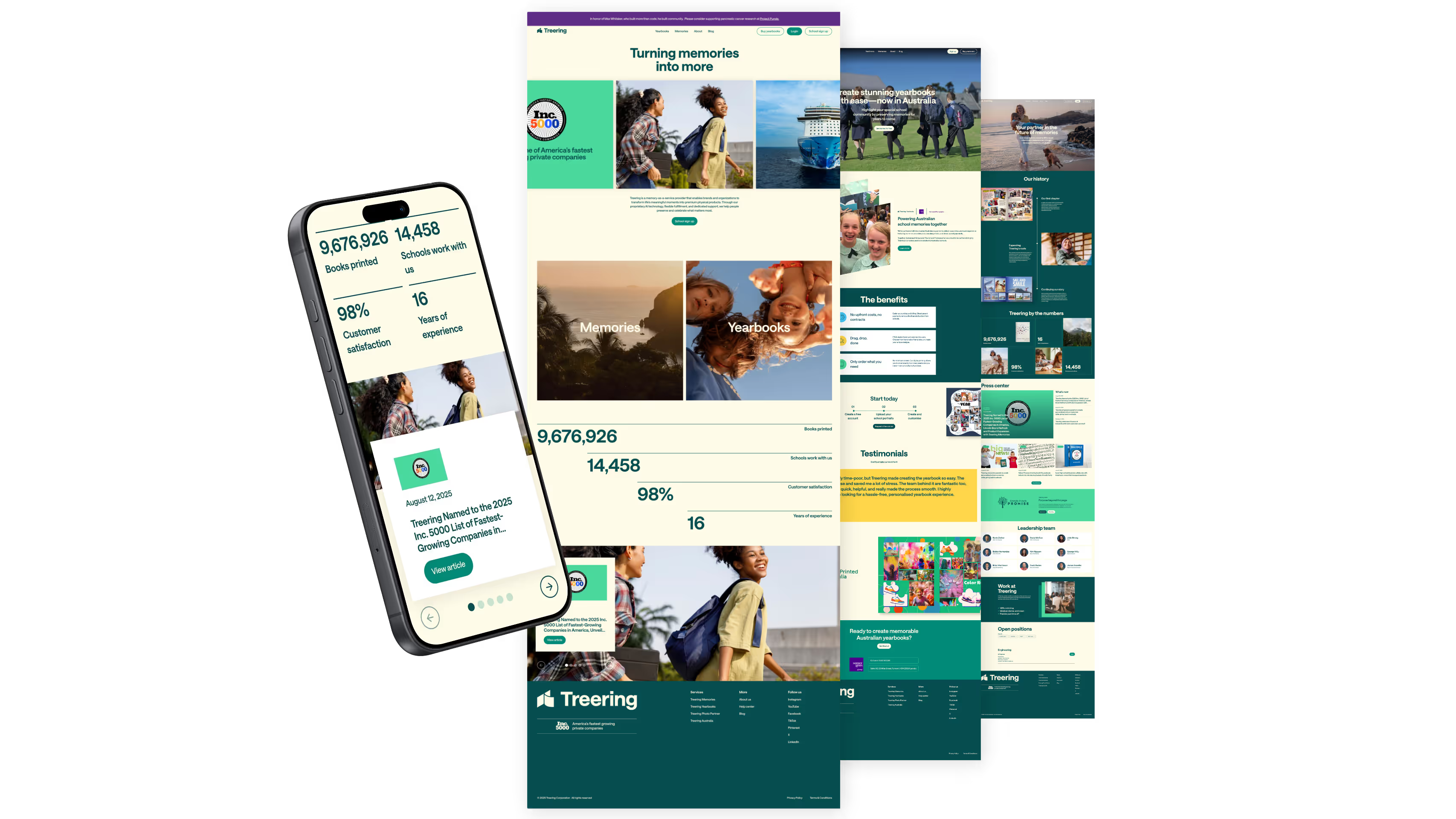 TreeRing multi-device collage showing iPhone with platform stats, full homepage with Turning memories into more hero, Memories and Yearbooks sections, animated counter stats, testimonials, and teal footer