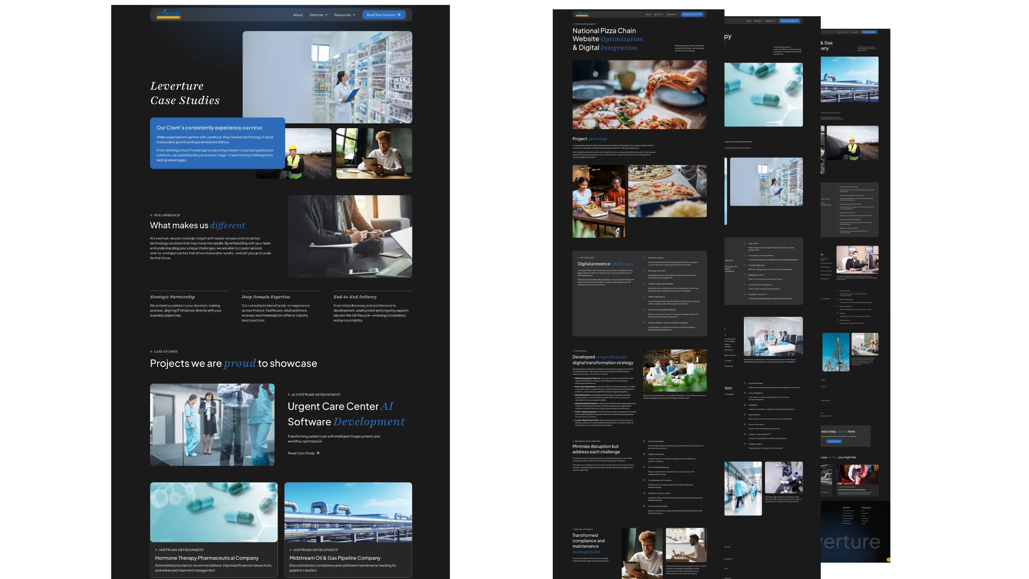 Leverture website overview showing the case studies landing page with featured client projects and a detailed National Pizza Chain case study page with project imagery and dark-themed design
