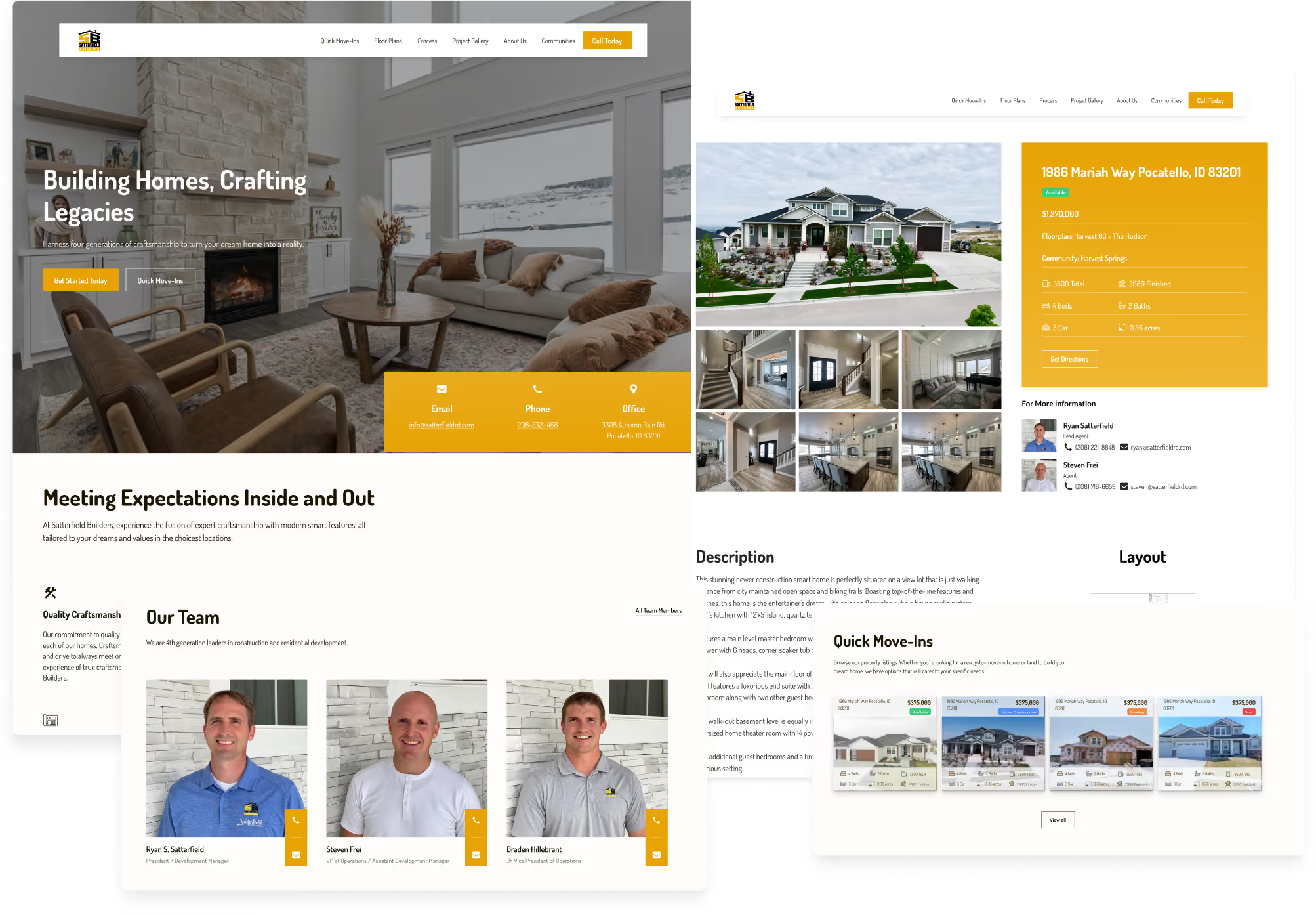 Satterfield Builders full website overview showing homepage hero with living room interior, Our Team section with builder portraits, property detail page with specs, and Quick Move-Ins property listings