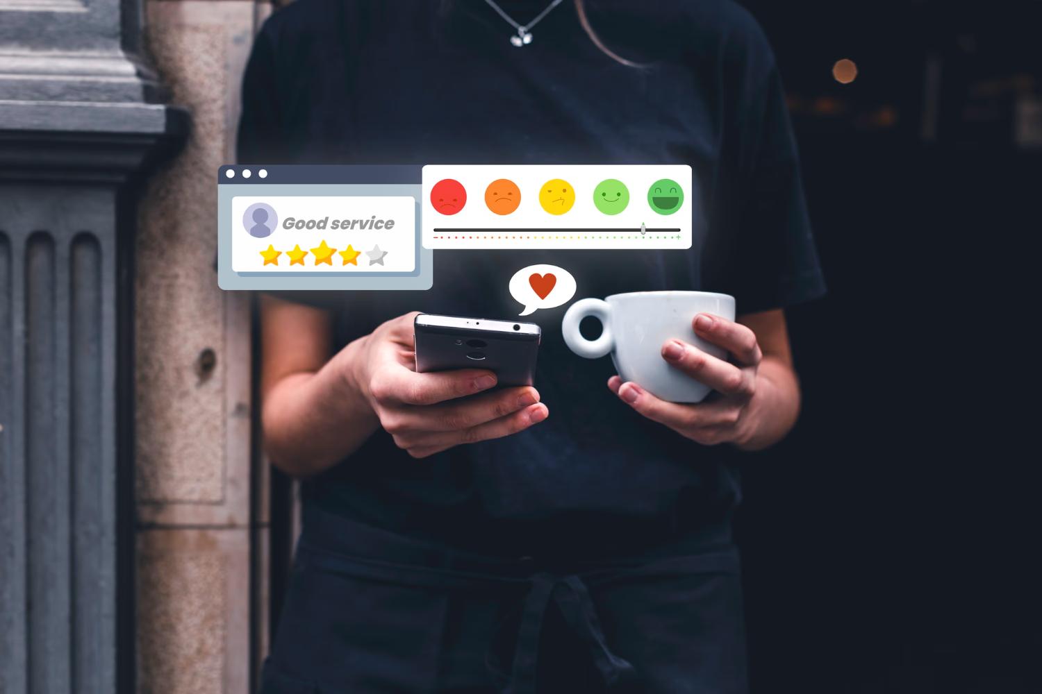 mobile search with coffee in hand along with star rating graphic