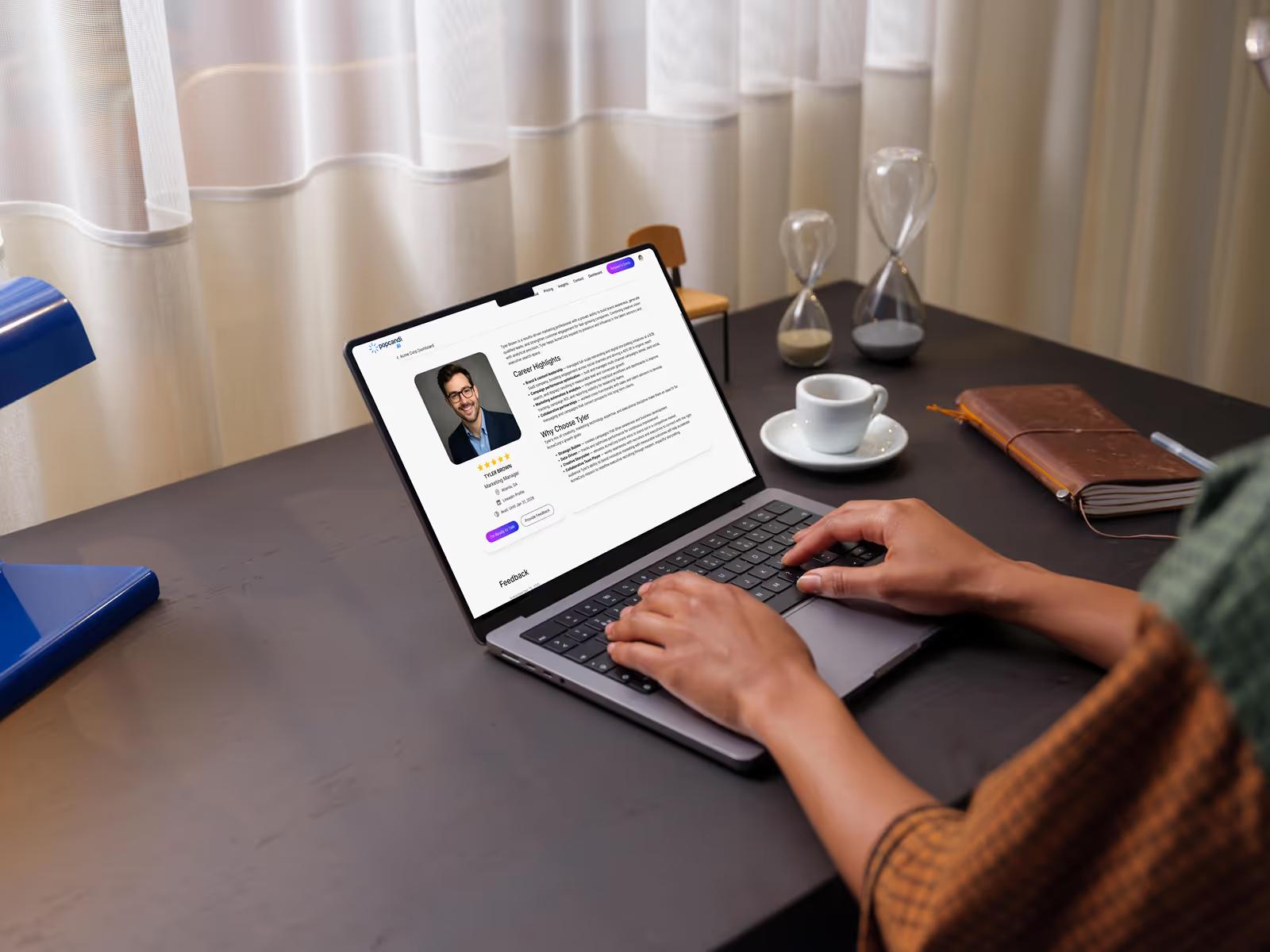 MacBook on dark desk showing PopCandi AI candidate profile page for Tyler with star ratings, career highlights, and why choose section