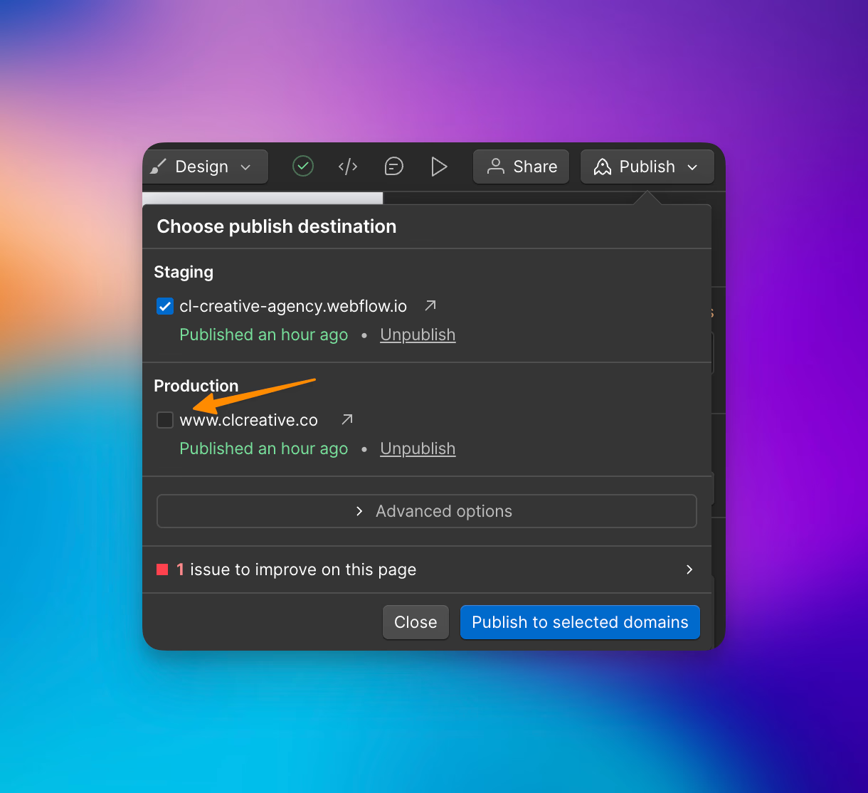 Publish to staging domain in Webflow project by unchecking the Production Domain