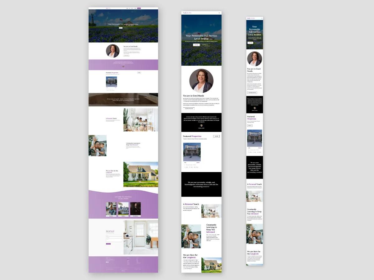 New Horizons Realty Group homepage shown at desktop, tablet, and mobile widths with purple brand sections, featured properties, and a contact form
