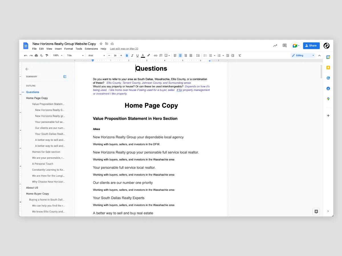Google Doc of the New Horizons Realty Group website copy with client questions and value proposition headline options for the homepage