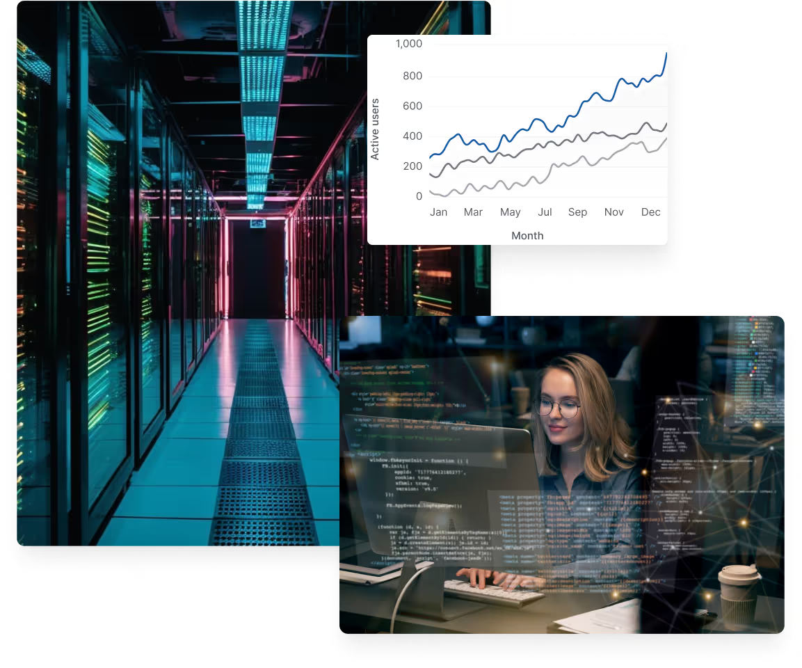 Collage showing neon-lit server room corridor, active users analytics chart trending upward to 1,000 monthly users, and woman developer coding at computer with network visualization overlay