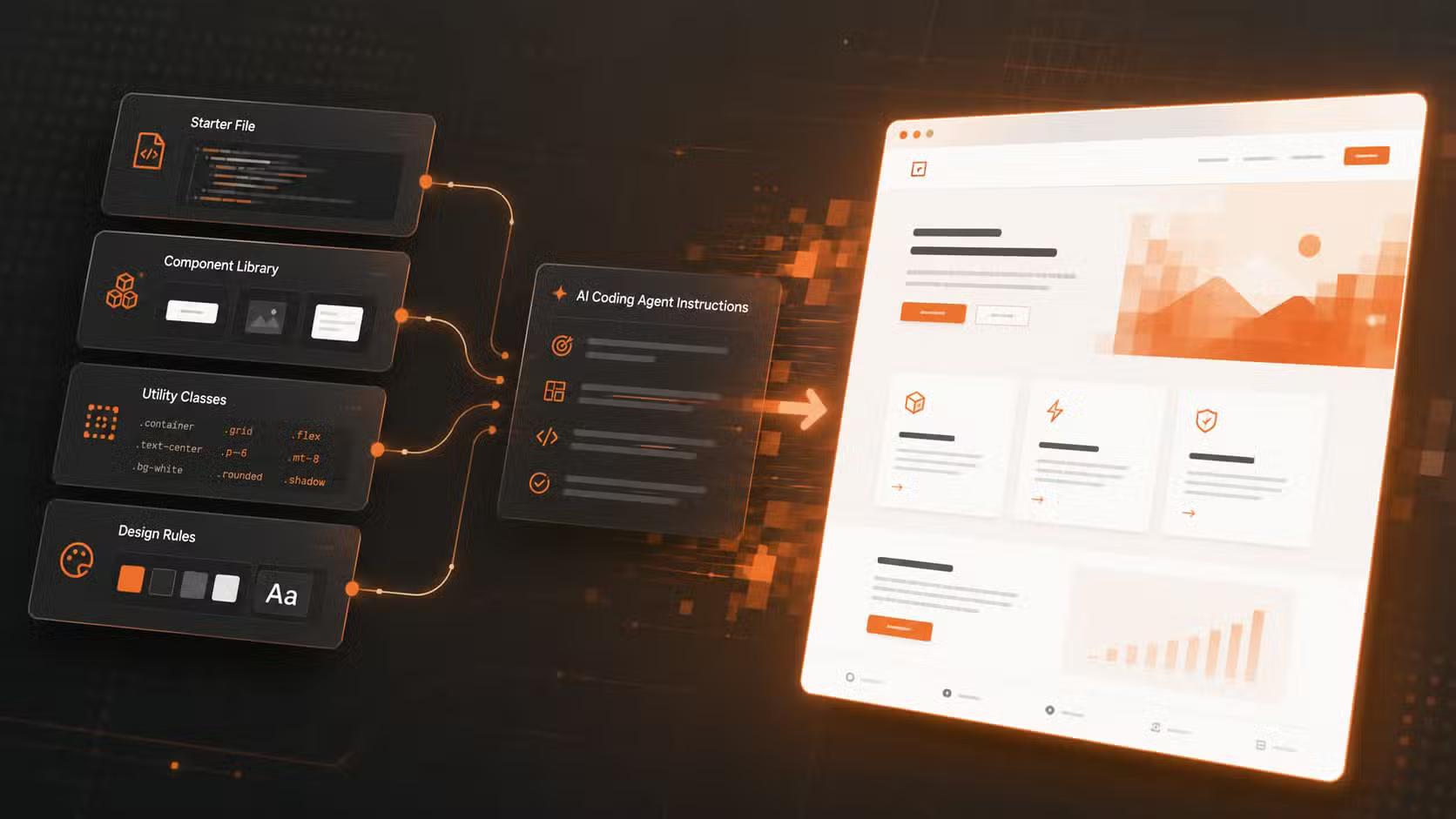 A mock-up of best practices for building with the AI coding agent, showing that good inputs give the agent something good to work with and you get a good output.