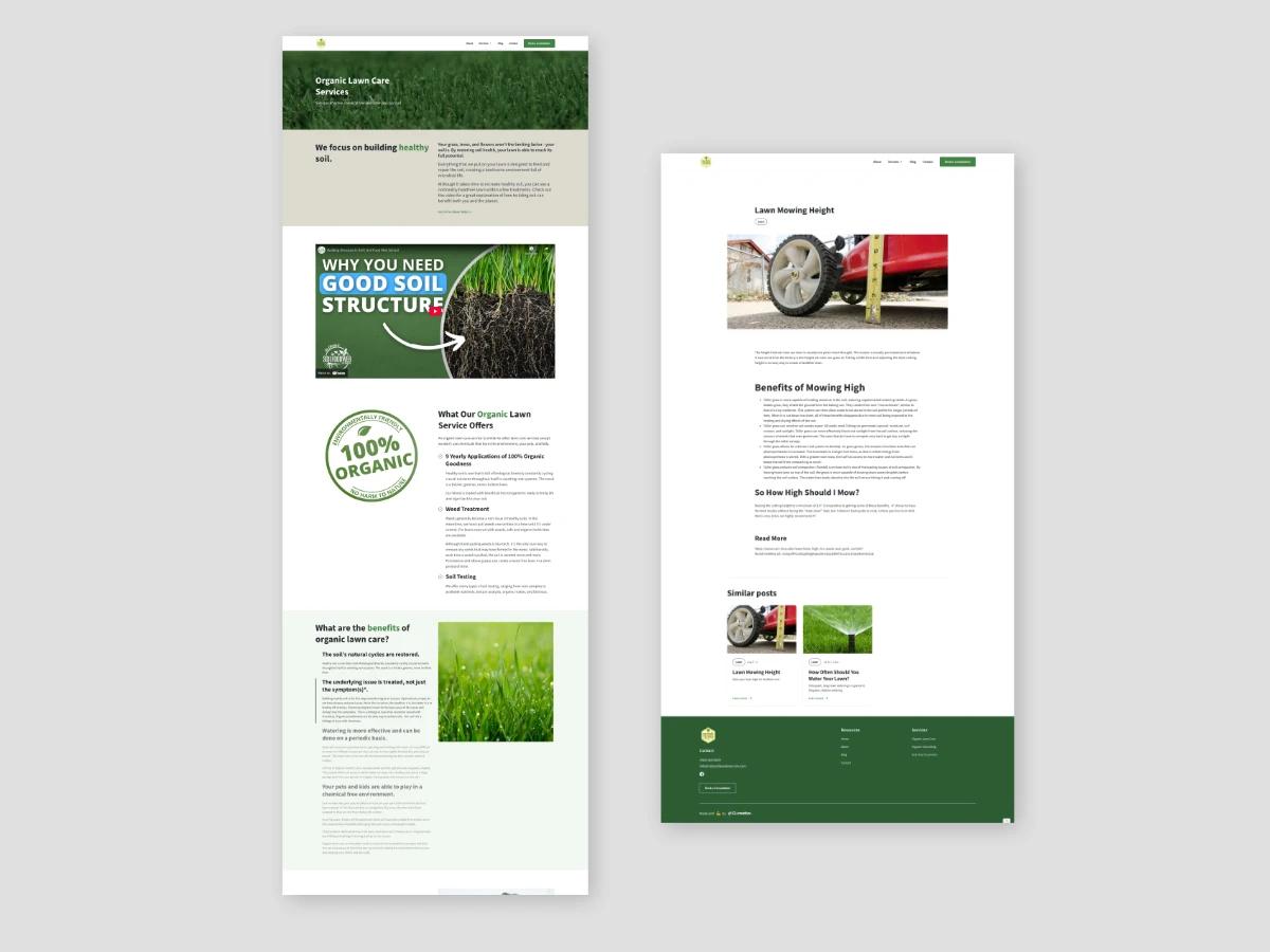 Natural Texas Lawn Care Organic Lawn Care Services page with a soil structure video and 100% organic badge, beside a Lawn Mowing Height blog post