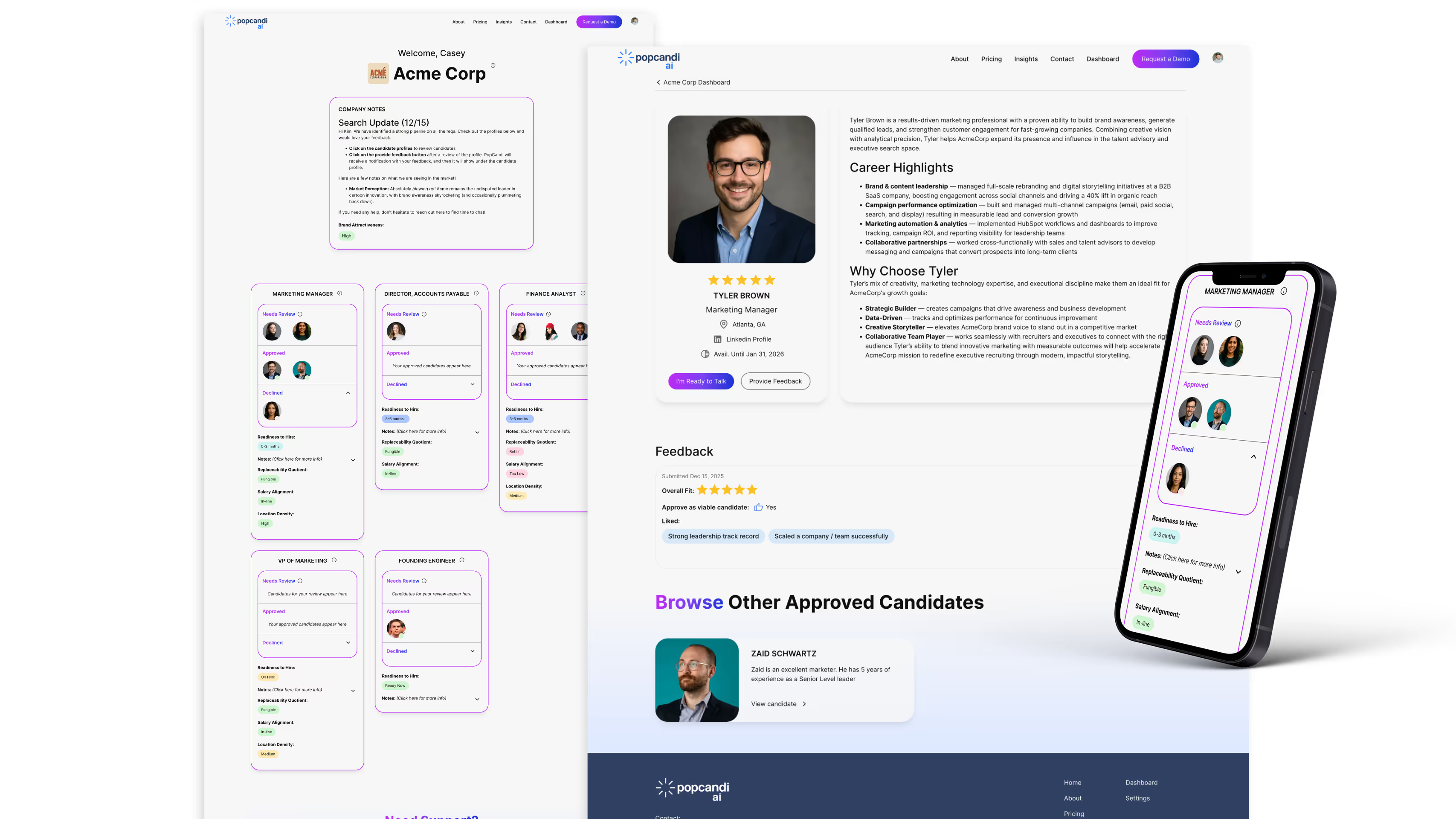 PopCandi AI SaaS platform collage showing Acme Corp company dashboard with candidate pipeline cards, Tyler candidate detail page with star ratings and career highlights, and mobile view with candidate avatar browser