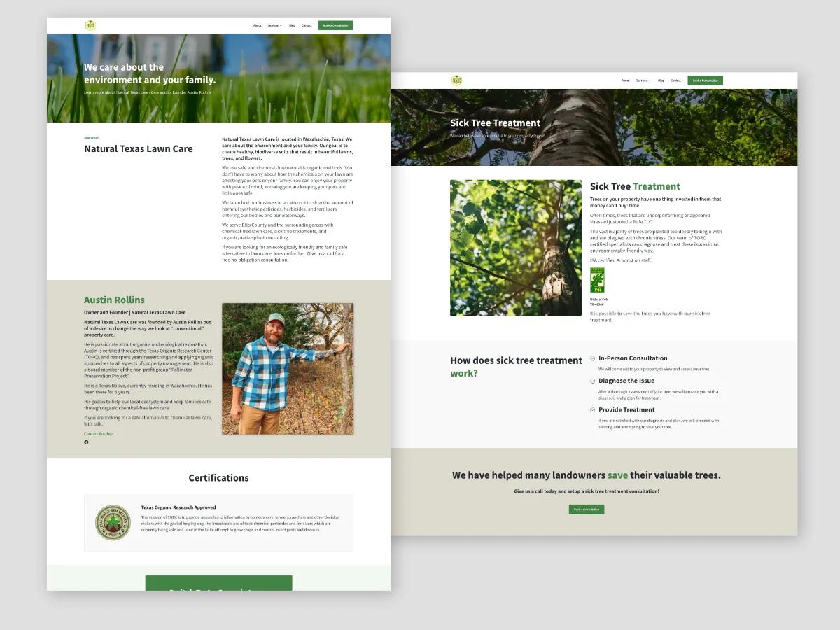 Natural Texas Lawn Care About page featuring founder Austin Rollins and Texas Organic Research Center certification, beside the Sick Tree Treatment service page