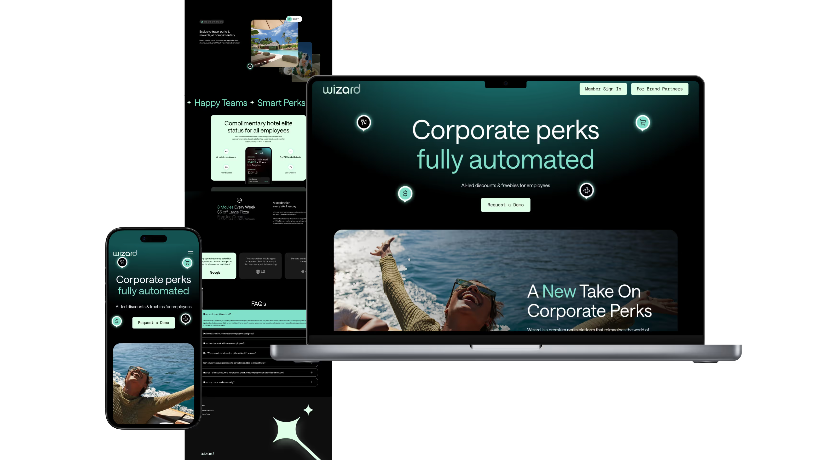 Wizard Perks website shown across multiple devices including laptop, tablet, and phone with Corporate Perks Fully Automated headline