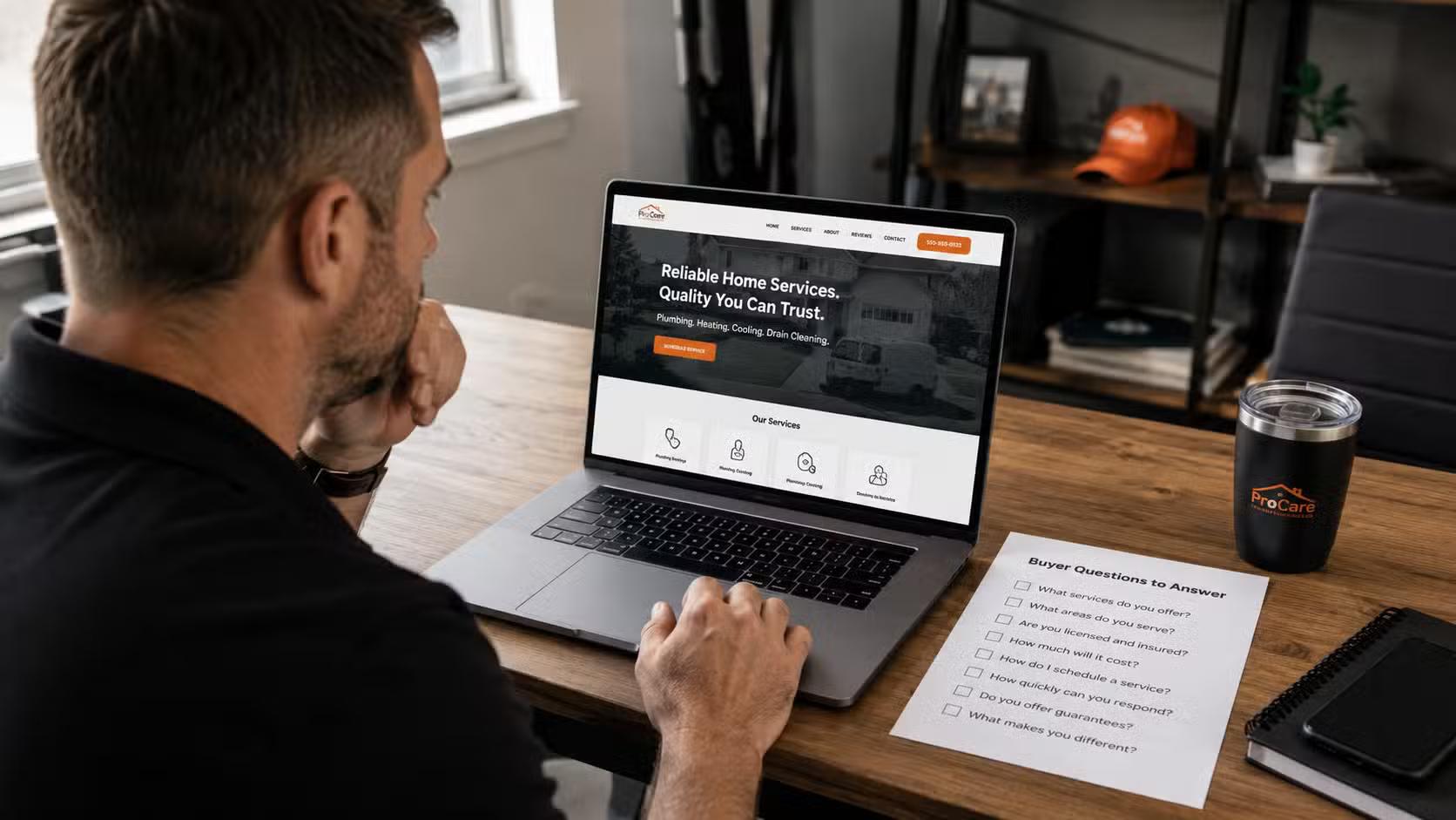 A service business owner reviewing their website on a laptop next to a printed list of buyer questions.