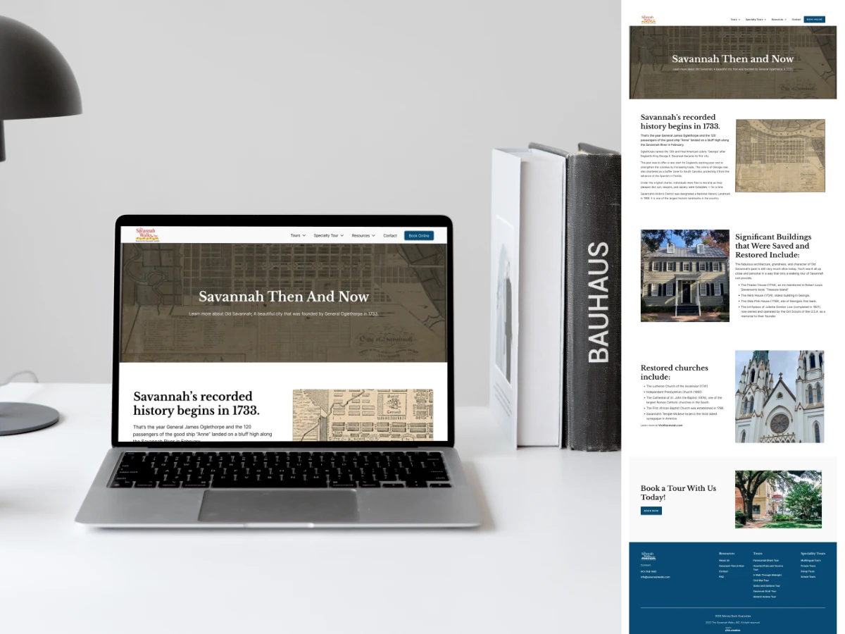 Laptop on a white desk showing the Savannah Walks Savannah Then and Now history page, beside the full page layout with a historic city map, restored buildings, and churches