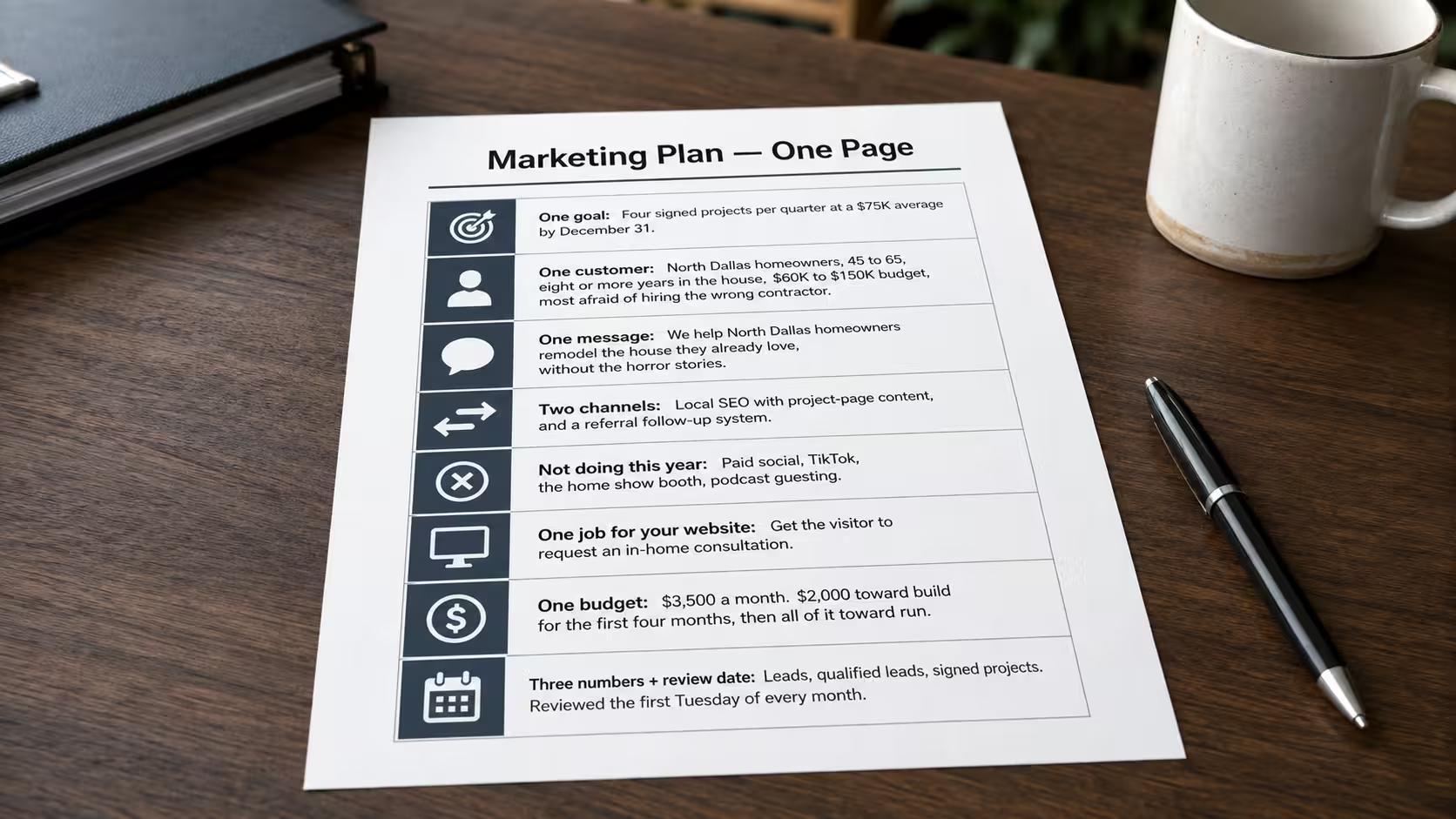 A handwritten one-page marketing plan on a desk beside a thick, unopened binder pushed to the side.