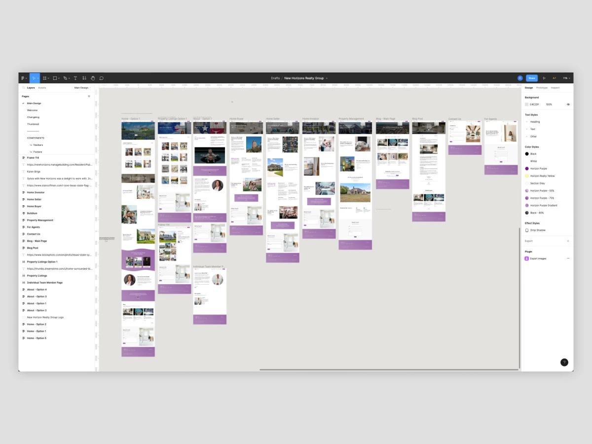 Figma file for the New Horizons Realty Group website showing homepage options and page designs with Horizon Purple color styles