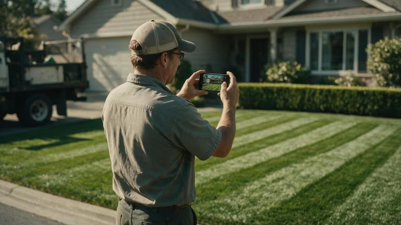 A landscaper photographing a freshly mowed front yard with his phone, the kind of current job photo that keeps a Google Business Profile ranking.
