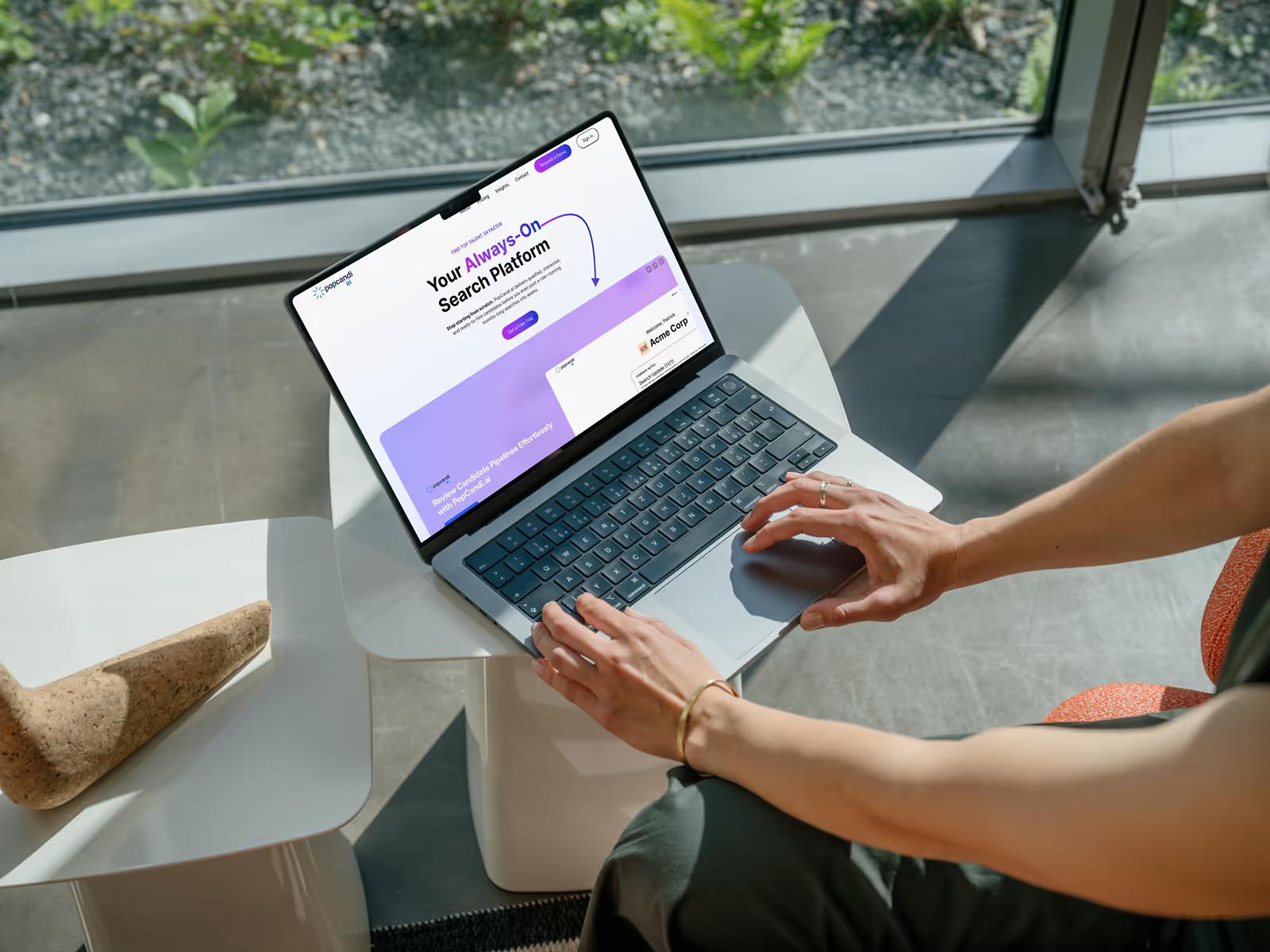 MacBook by window displaying PopCandi AI homepage with Your Always-On Search Platform headline and purple gradient hero