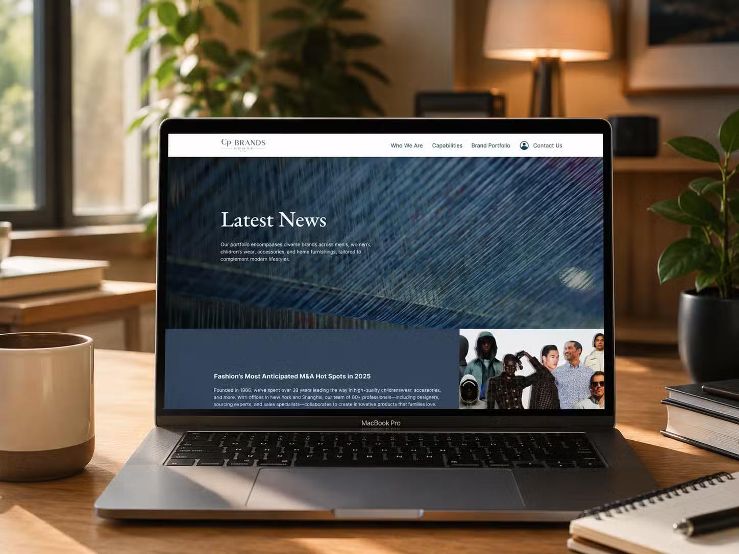 Laptop on a wooden desk with plants showing the CP Brands Group website "Latest News" page, featuring an editorial headline and a fashion photo collage.
