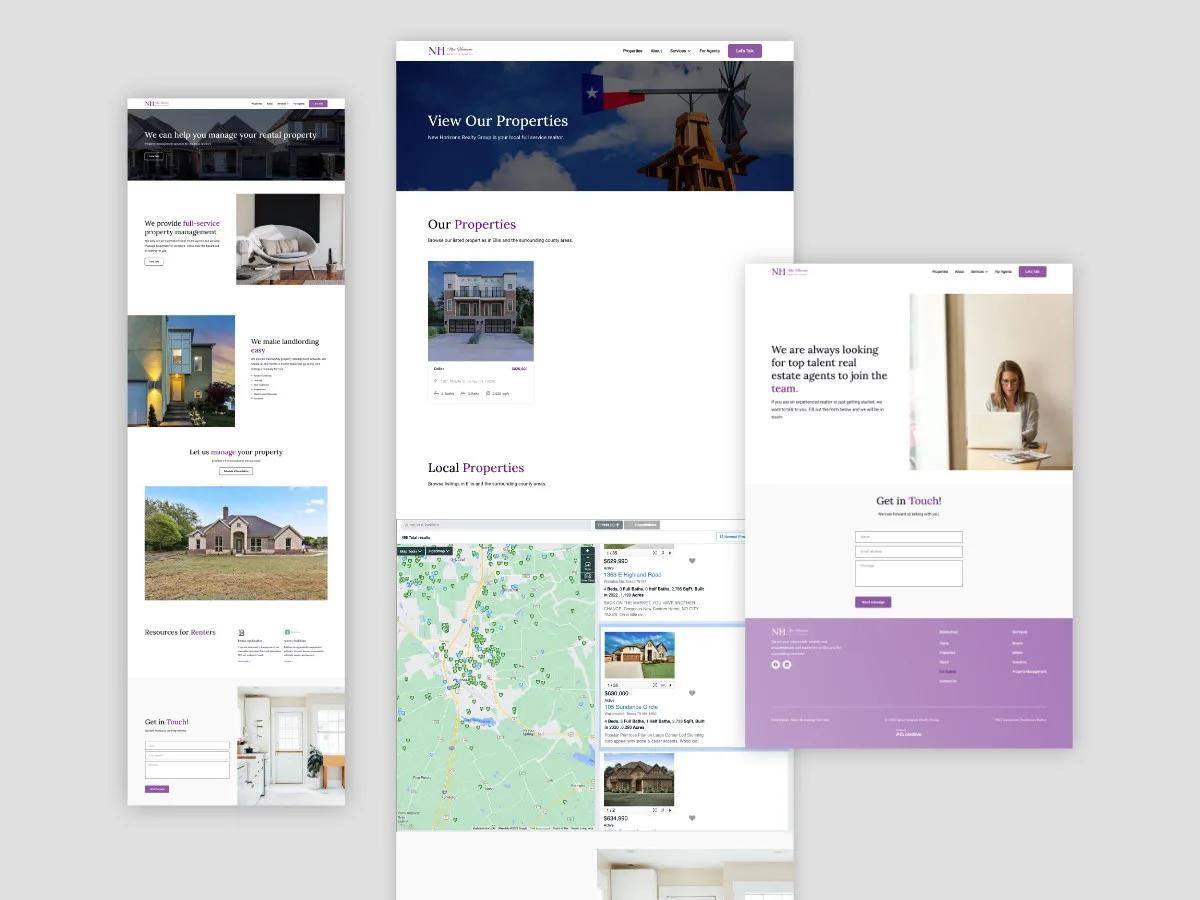 New Horizons Realty Group Property Management page, View Our Properties page with featured and local listings on a map, and the For Agents recruiting page